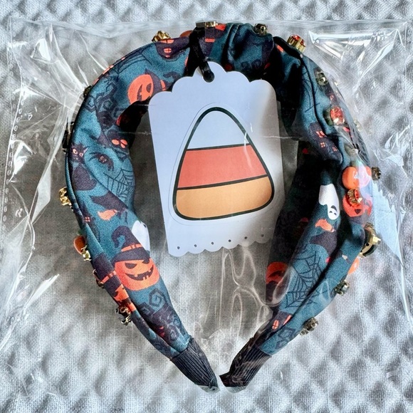 New Halloween Blue w/ Rhinestones Pumpkin Bat Fabric Adult Size Knotted Headband - Picture 3 of 9